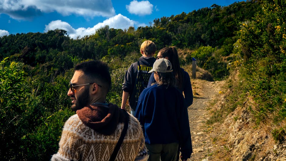 A group enjoying a scenic hike through lush trails in Wellington, New Zealand.